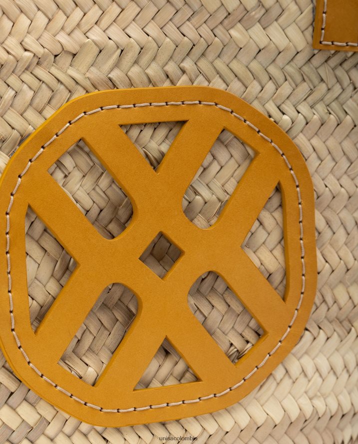 co Unisa mujer cesta mediana trenzada con asas de piel y logo amarillo F0X80H1097