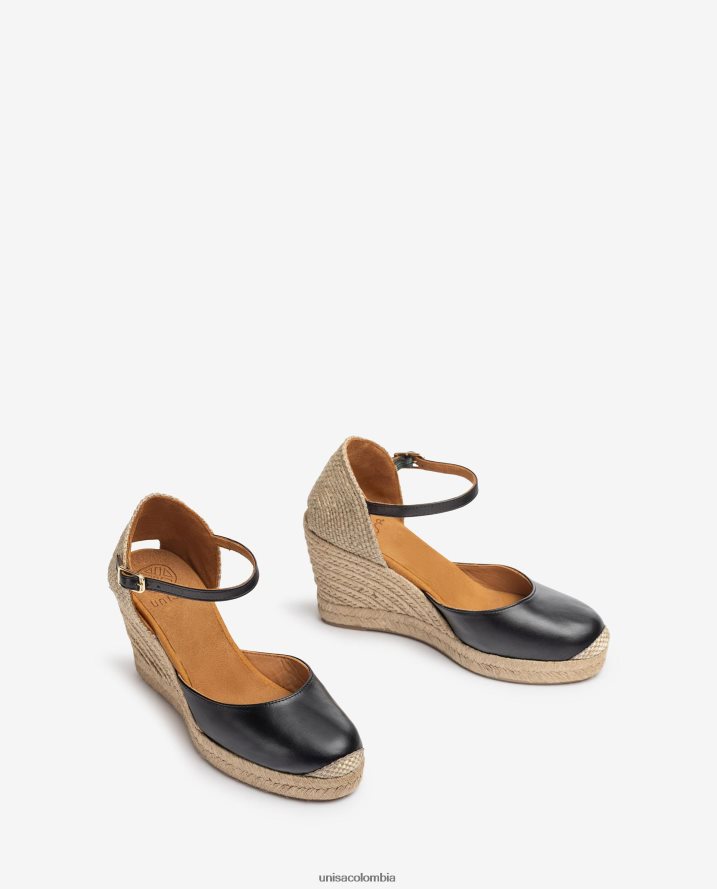 co Unisa mujer alpargata de piel con tacón de rafia negro F0X80H486