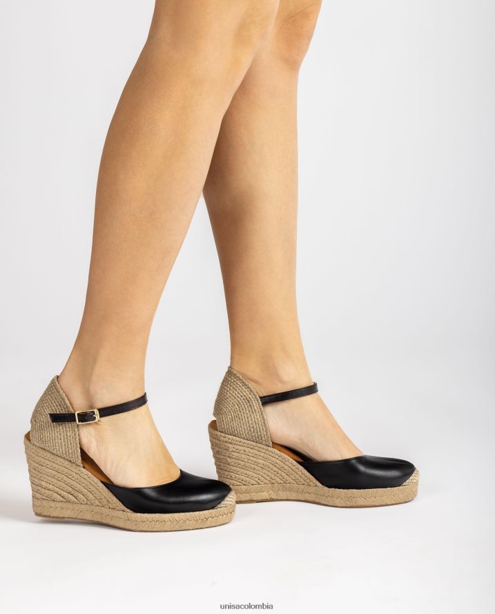 co Unisa mujer alpargata de piel con tacón de rafia negro F0X80H486